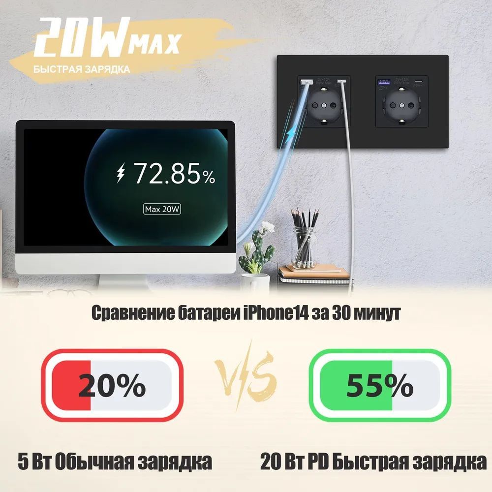 Купить Розетка электрическая 2 поста с Usb/Type-C АC, быстрая зарядка 20W, рамка пластик, цвет черный в интернет-магазине Mvava.ru