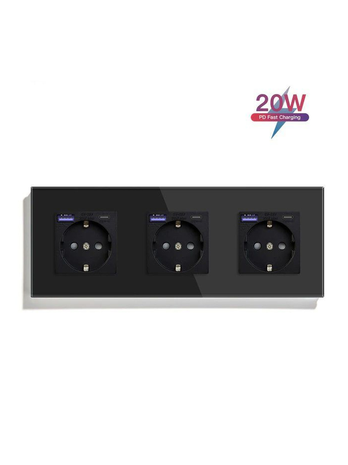 Купить Розетка электрическая 3 поста АC, быстрая зарядка 20W, стекло 228х86 мм, цвет черный в интернет-магазине Mvava.ru