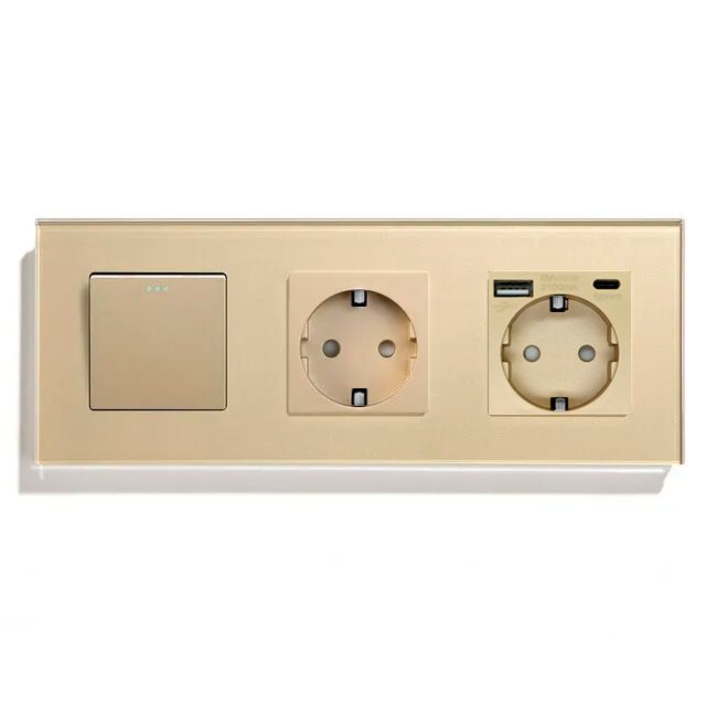Купить Выключатель с розеткой, 1 клавиша 2 розетки c usb type-c, 3 поста (M1+2FAC) рамка стекло 228х86мм цв в интернет-магазине Mvava.ru