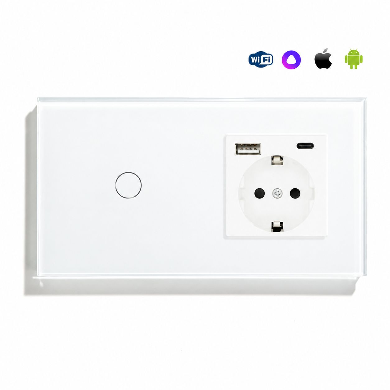Купить Сенсорный выключатель WiFi с нулем 1кл. 1розетка 2поста (1G+1AС) стекло 157х86мм цвет белый в интернет-магазине Mvava.ru