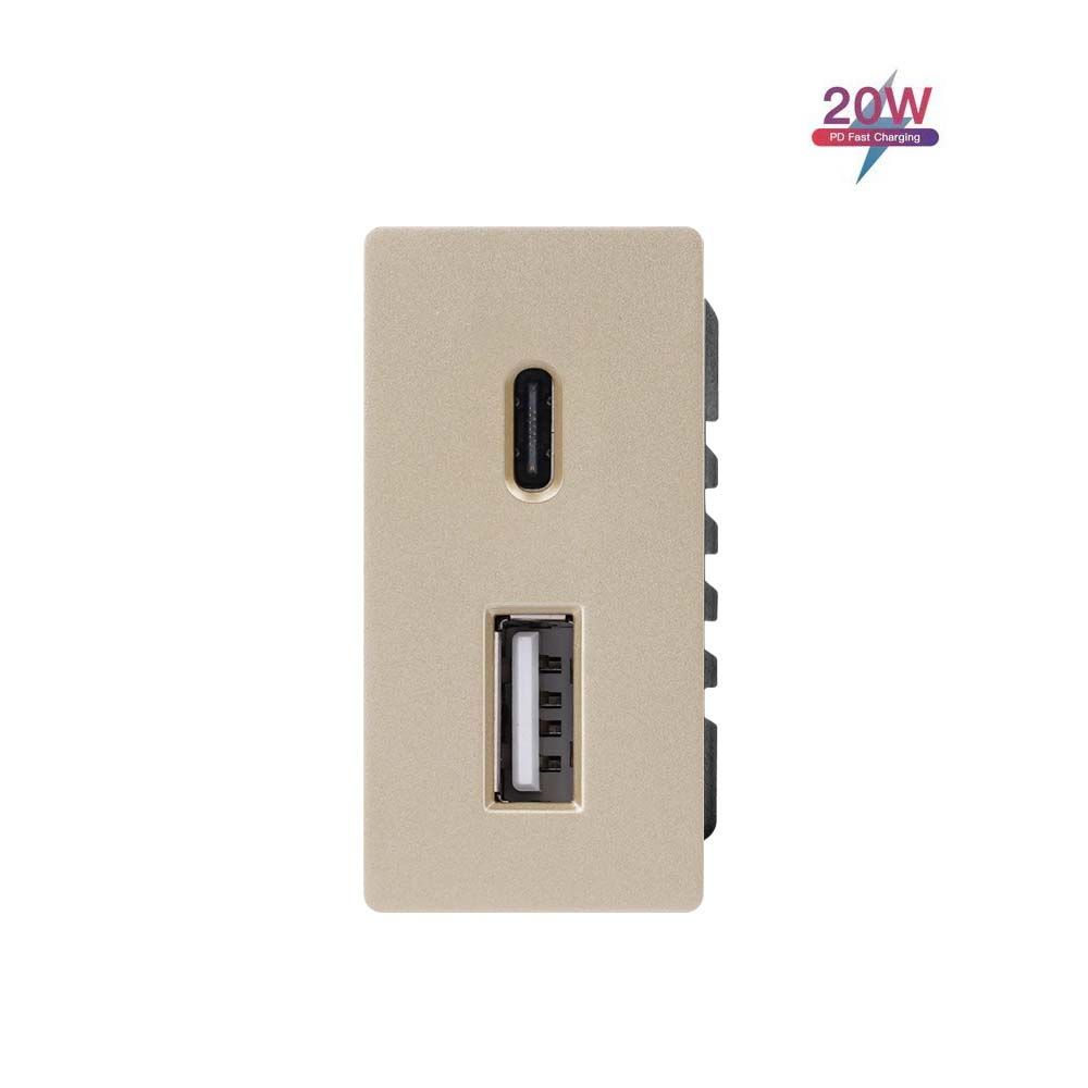Купить Механизм розетки 1/2 (без рамки) USB АС, быстрая зарядка 20Вт, цвет золотой в интернет-магазине Mvava.ru