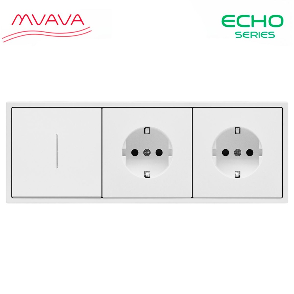 Купить Выключатель echo с розеткой, 1 клавиша 2 розетки, 3 поста (M1+2F) рамка пластик 223х81мм цвет белый в интернет-магазине Mvava.ru