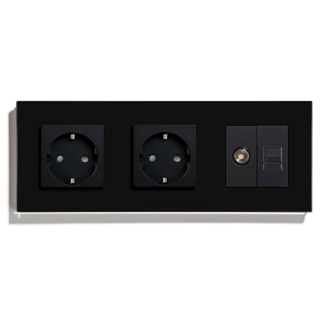 Купить Розетка 3 поста с интернет/тв, cat5/tv, рамка 228х86мм стекло, цвет черный в интернет-магазине Mvava.ru