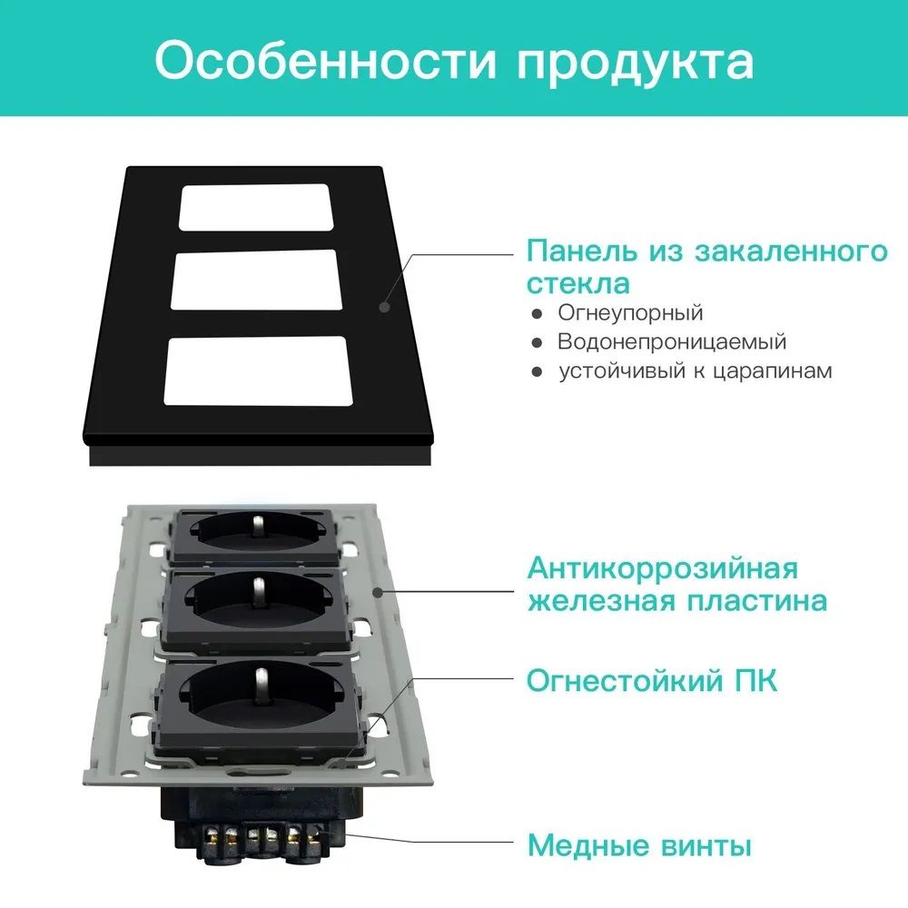 Купить Розетка электрическая 3 поста АC, зарядка 10W, стекло 228х86 мм, цвет черный в интернет-магазине Mvava.ru