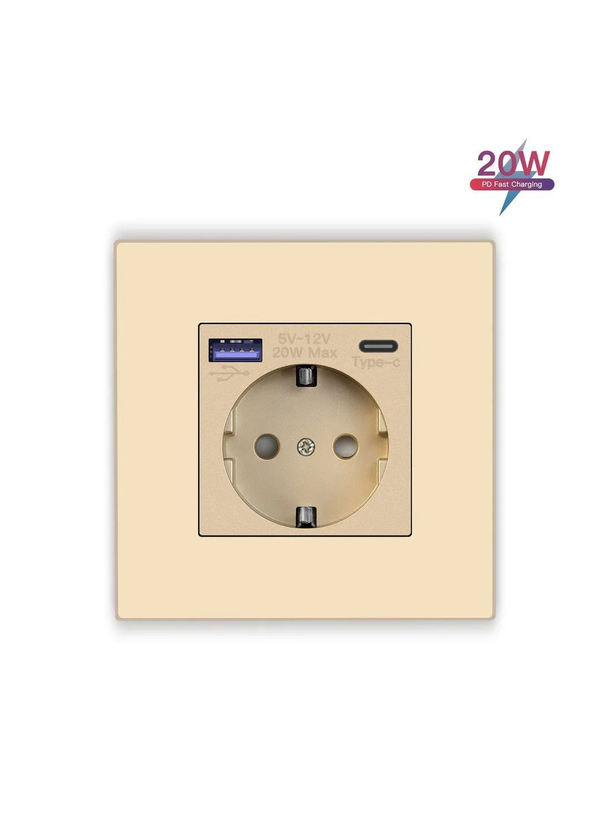 Купить Розетка электрическая 1 пост с Usb/Type-C АC, быстрая зарядка 20W, рамка пластик, цвет золото в интернет-магазине Mvava.ru