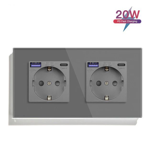 Купить Розетка электрическая 2 поста с Usb/Type-C АC, быстрая зарядка 20W, цвет серый в интернет-магазине Mvava.ru