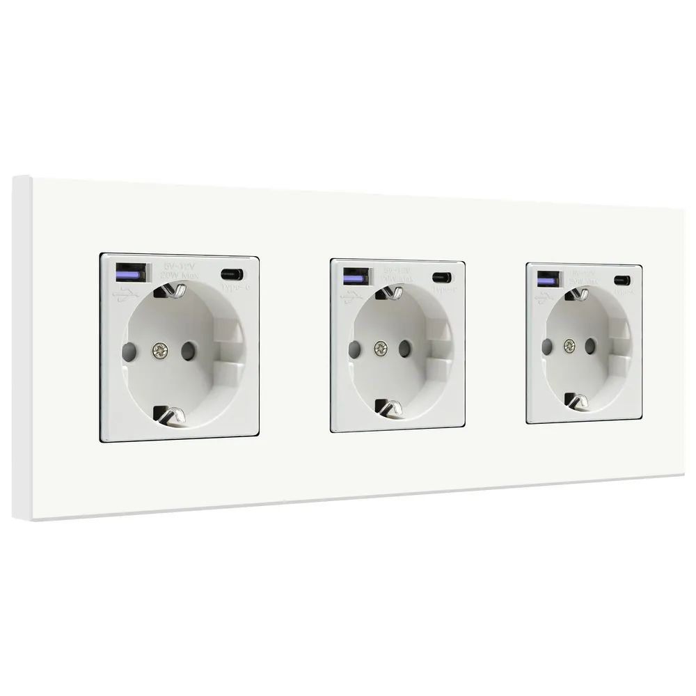 Купить Розетка электрическая 3 поста с Usb/Type-C АC, быстрая зарядка 20W, рамка пластик цвет белый в интернет-магазине Mvava.ru