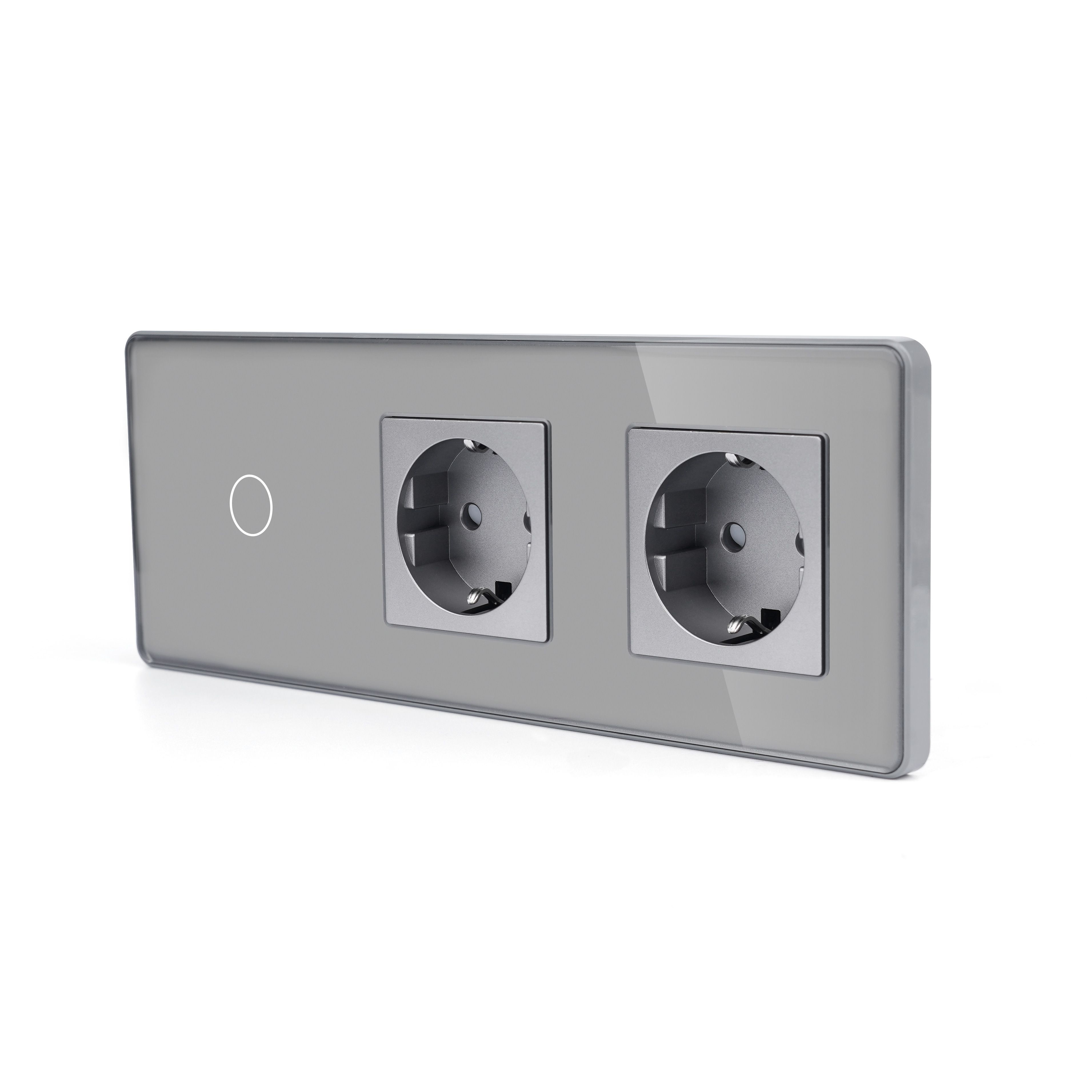 Купить Сенсорный выключатель с розеткой 1кл. 2 розетки, 3 поста (1G+2EU) стекло 2.5D 228х86мм цвет серый в интернет-магазине Mvava.ru