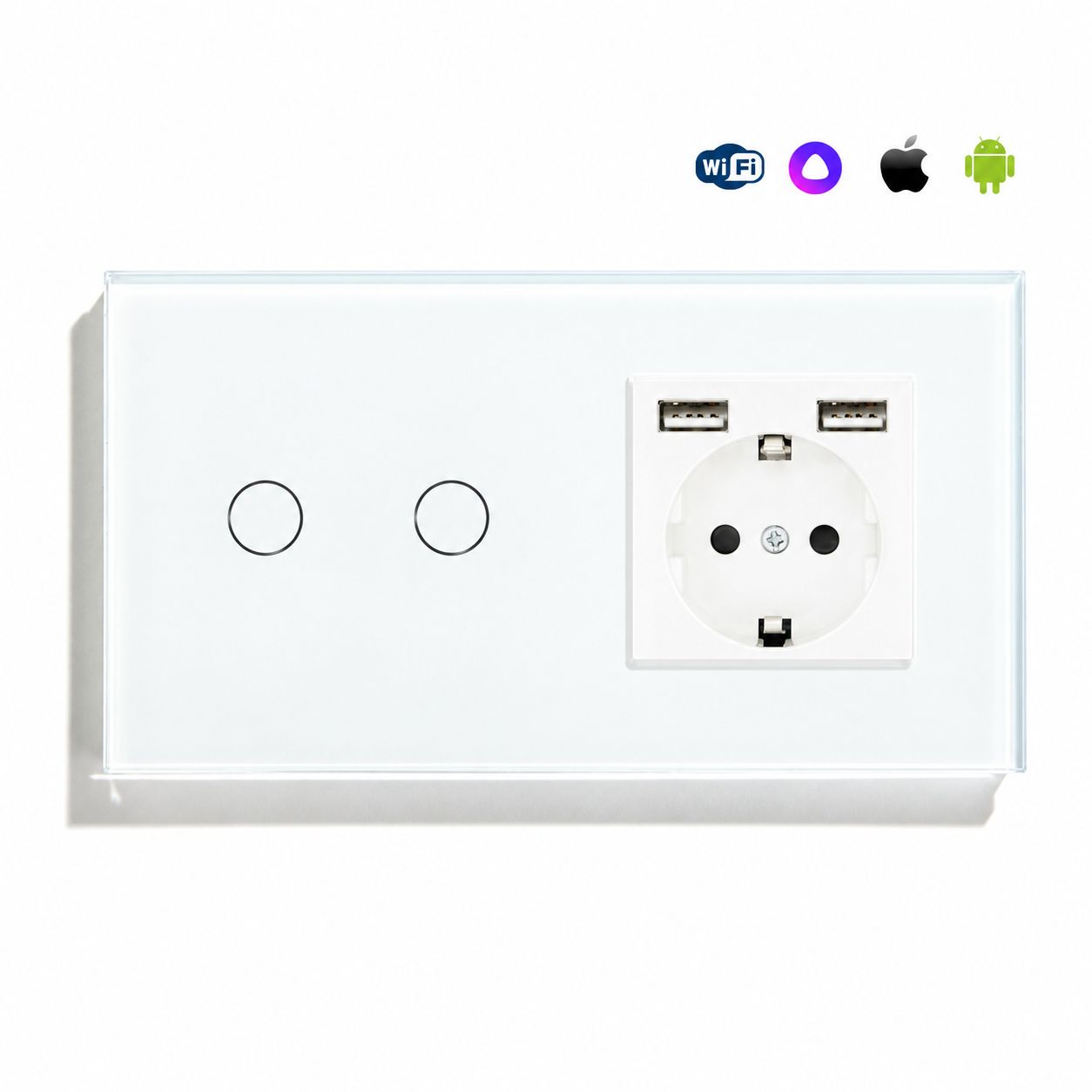 Купить Сенсорный выключатель WiFi с нулем 2кл. 1розетка 2поста (2G+1AA) стекло 157х86мм цвет белый в интернет-магазине Mvava.ru