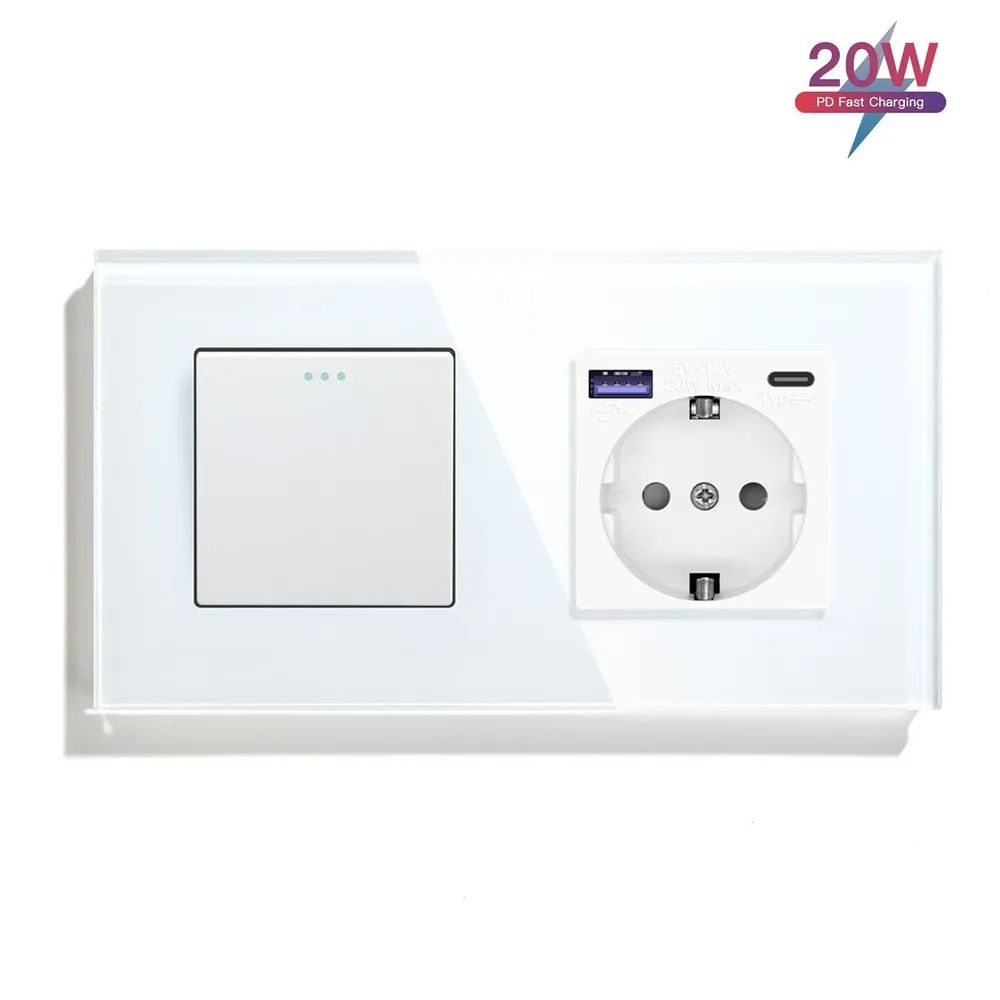 Купить Механический выключатель MVAVA, 2 поста, 1К+1Р, USB/Type-C 20 Вт, 157×86 мм, стекло, белый в интернет-магазине Mvava.ru
