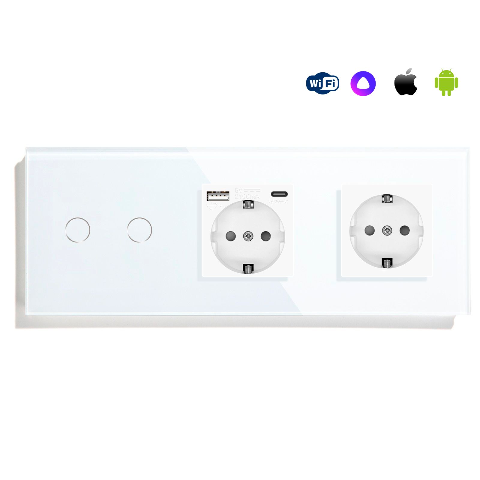 Купить Сенсорный выключатель WiFi с нулем 2кл. 2розетки 3поста (2G+AC/EU) стекло 228х86мм цвет белый в интернет-магазине Mvava.ru