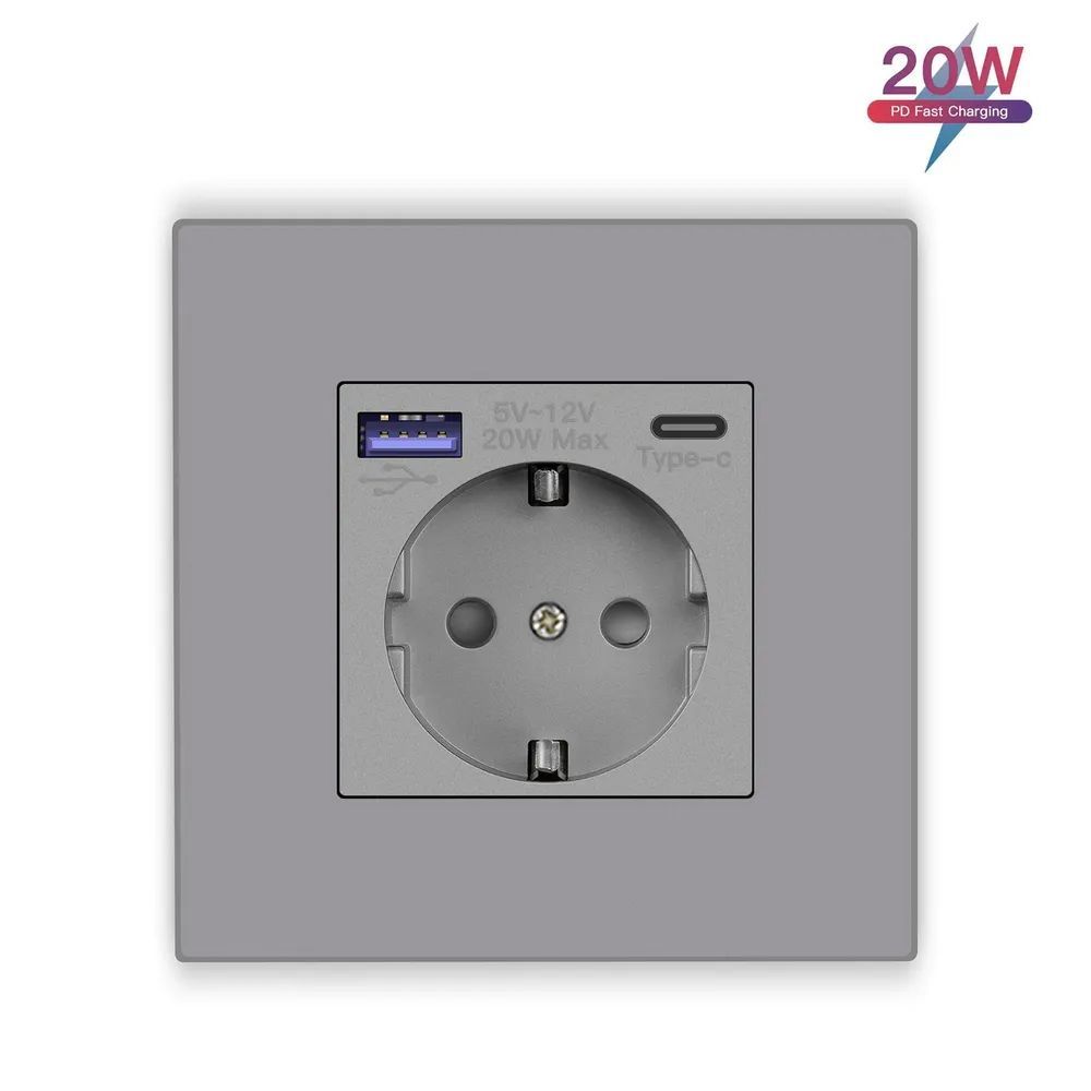 Купить Розетка электрическая 1 пост с Usb/Type-C АC, быстрая зарядка 20W, рамка пластик, цвет серый в интернет-магазине Mvava.ru