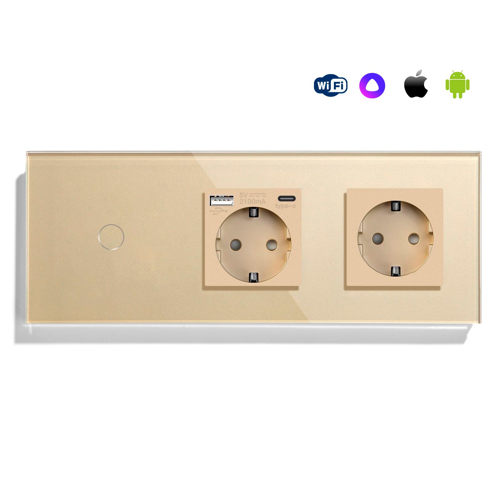 Купить Сенсорный выключатель WiFi с нулем 1кл. 2розетки 3поста (1G+AC/EU) стекло 228х86мм цвет золотой в интернет-магазине Mvava.ru