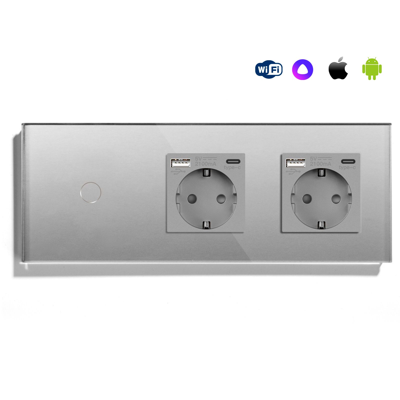 Купить Сенсорный выключатель WiFi 1 клавиша 2 розетки 3 поста (1G+2AC) стекло 228х86мм цвет серый в интернет-магазине Mvava.ru