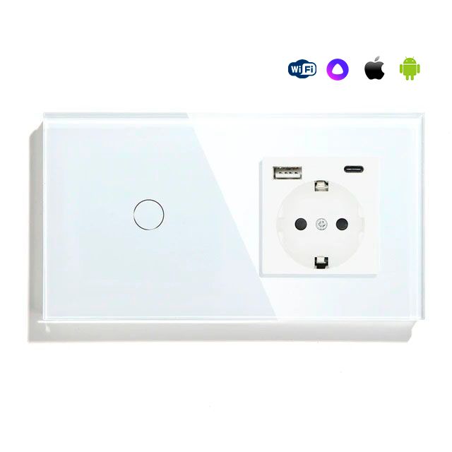 Купить Сенсорный выключатель WiFi 1 клавиша 1 розетка 2 поста (1G+1AС) стекло 157х86мм цвет белый в интернет-магазине Mvava.ru