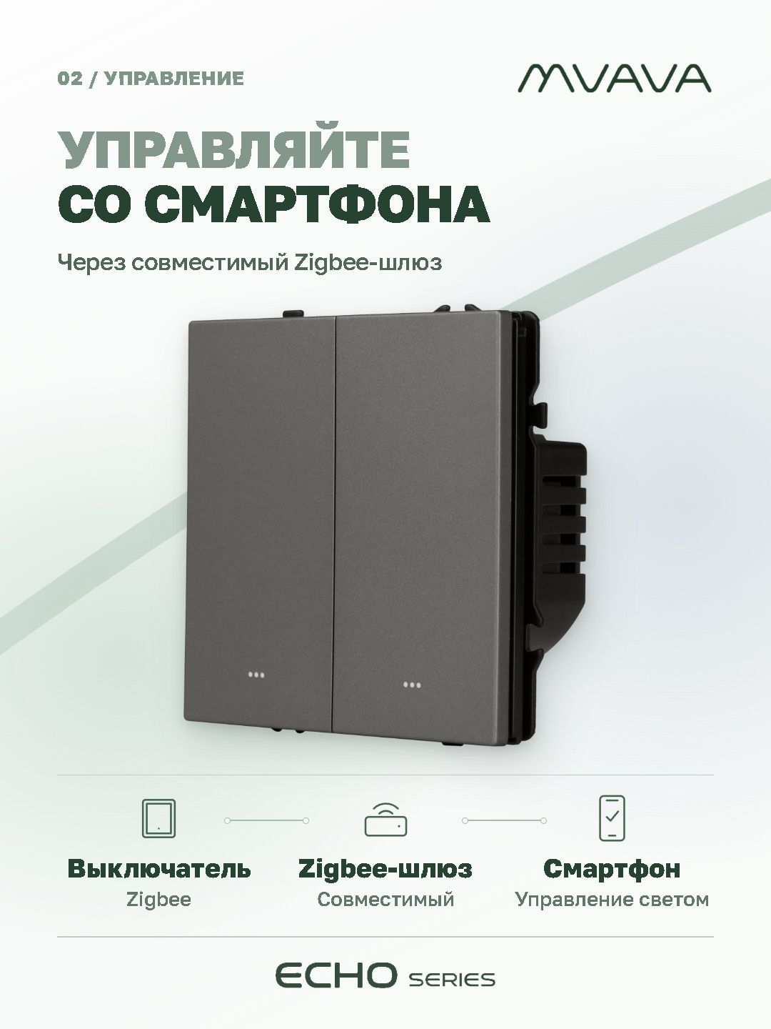 Купить Выключатель ZigBee Echo Smart Алиса, нажимной, 2 клавиши, с нулем, без рамки, серый в интернет-магазине Mvava.ru