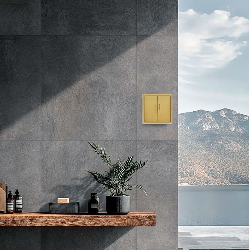 Купить Выключатель echo с подсветкой, 2 клавиши, 1 пост, рамка пластик 81х81мм цвет золотой в интернет-магазине Mvava.ru