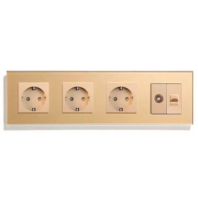 Купить Розетка 4 поста с интернет/тв, cat5/tv, рамка 299х86мм стекло, цвет золото в интернет-магазине Mvava.ru