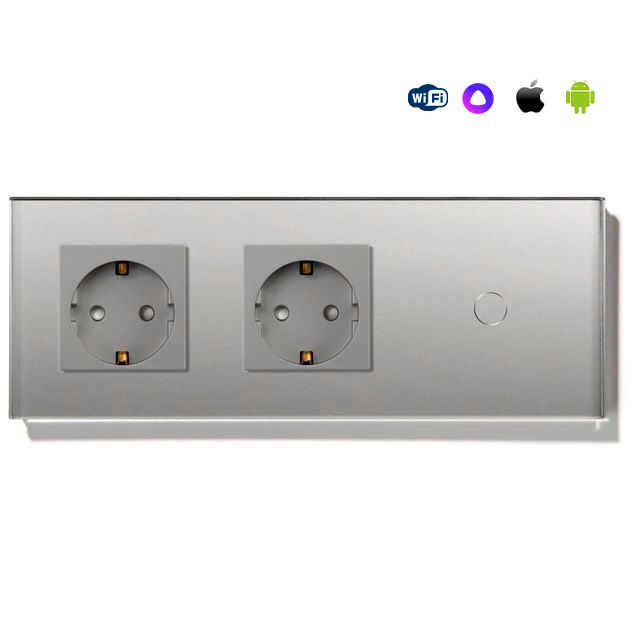 Купить Сенсорный выключатель WiFi с нулем 2розетки 1кл. 3поста (2EU+1G) стекло 228х86мм цвет серый в интернет-магазине Mvava.ru