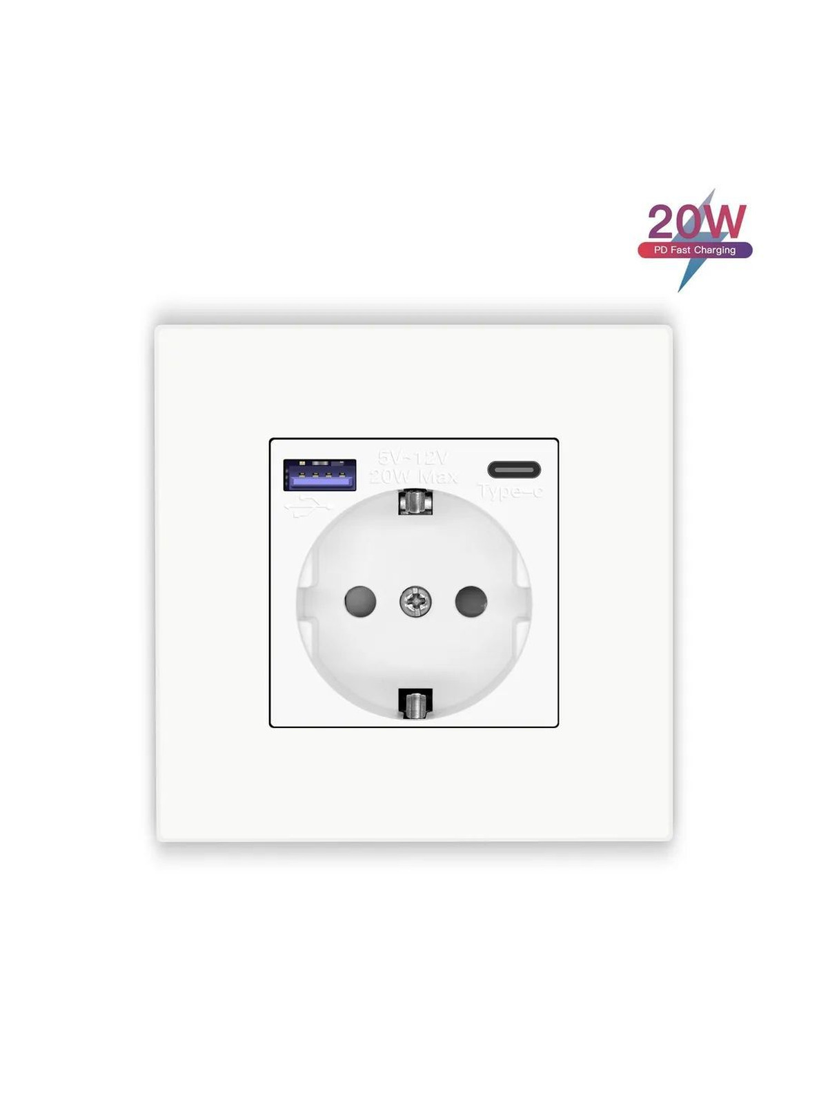 Купить Розетка электрическая 1 пост с Usb/Type-C АC, быстрая зарядка 20W, рамка пластик, цвет белый в интернет-магазине Mvava.ru