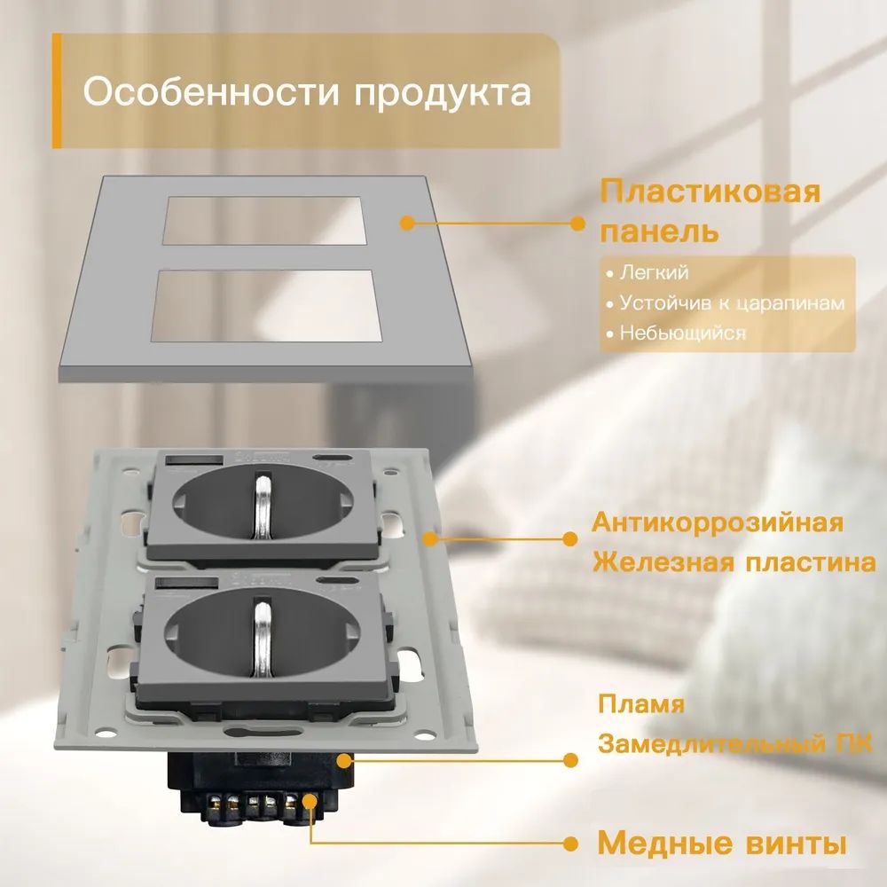 Купить Розетка электрическая 2 поста, с Usb/Type-C АC, рамка 157х86мм пластик, цвет серый в интернет-магазине Mvava.ru