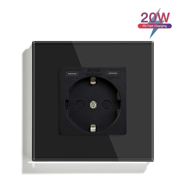 Купить Розетка электрическая 1 пост СC, быстрая зарядка 20W, стекло 86х86 мм, цвет черный в интернет-магазине Mvava.ru