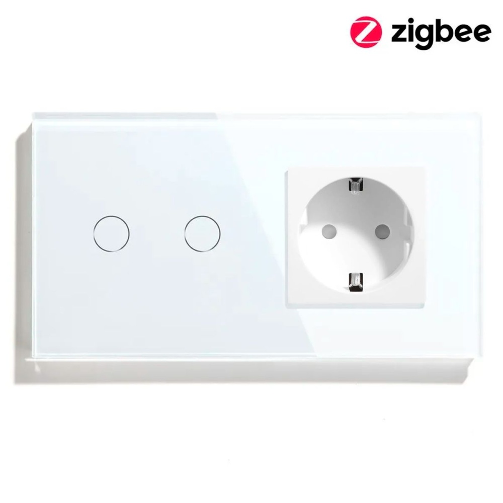 Купить Сенсорный выключатель ZigBee MVAVA 2кл. 1 розетка, 2 поста (2G+1EU) стекло 157х86мм цвет белый в интернет-магазине Mvava.ru