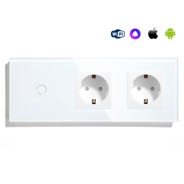 Купить Сенсорный выключатель WiFi с нулем 1кл. 2розетки 3поста (1G+2EU) стекло 228х86мм цвет белый в интернет-магазине Mvava.ru