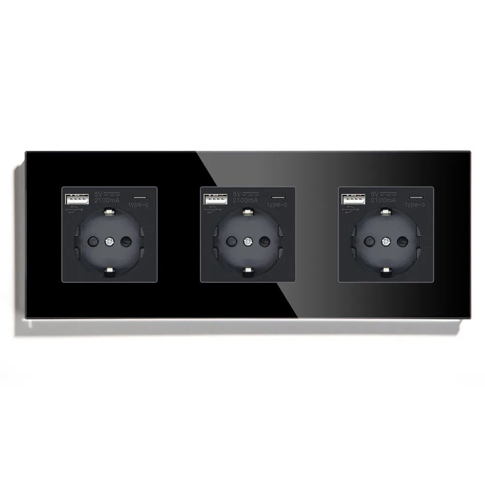 Купить Розетка электрическая 5 постов АC, зарядка 10W, стекло 370х86 мм, цвет черный в интернет-магазине Mvava.ru