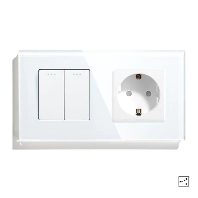 Купить Выключатель с розеткой, 2 клавиши 1 розетка, 2 поста (М2+1F) рамка стекло 157х86мм цвет белый в интернет-магазине Mvava.ru