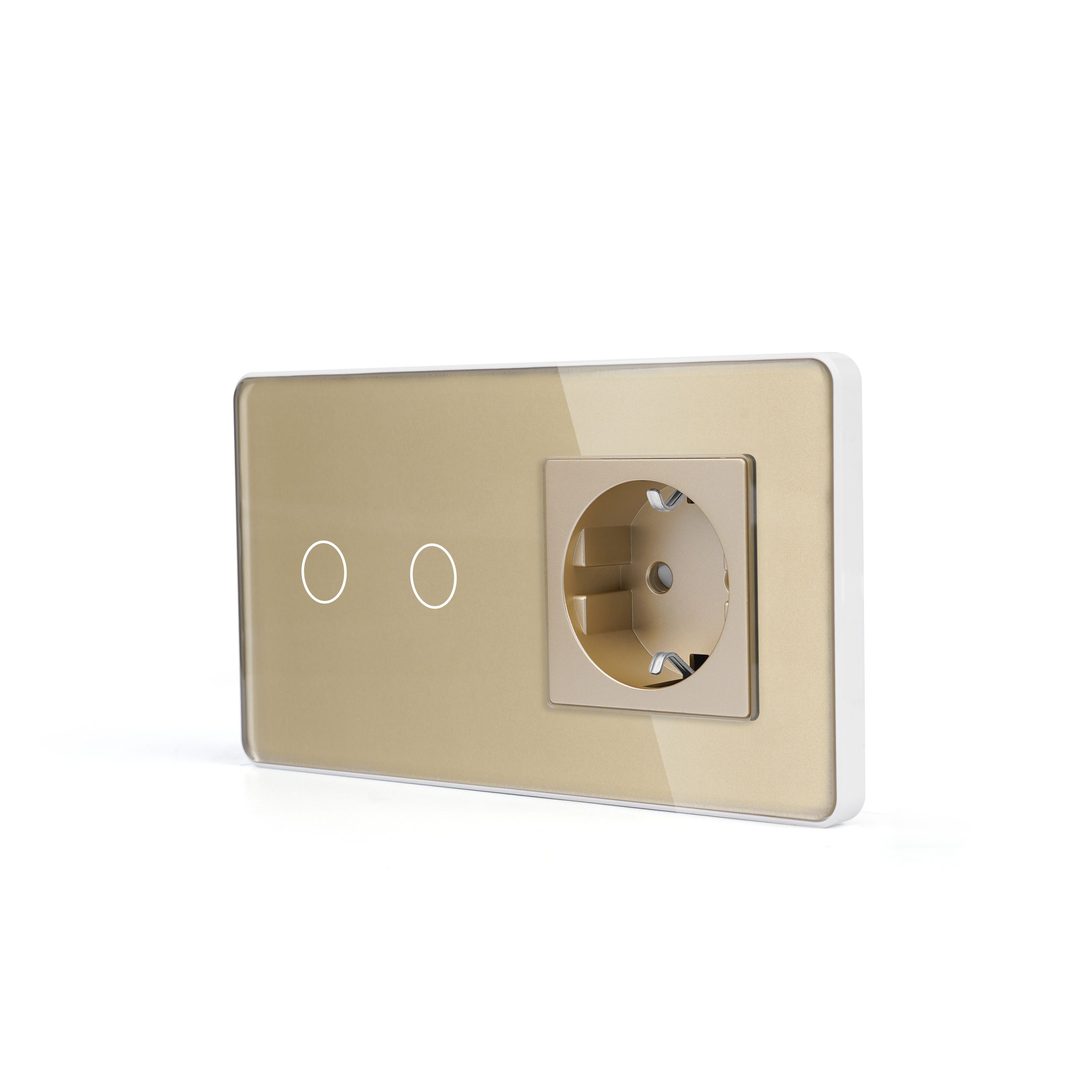 Купить Сенсорный выключатель с розеткой 2кл. 1 розетка, 2 поста (2G+1EU) стекло 2.5D 157х86мм цвет золотой в интернет-магазине Mvava.ru