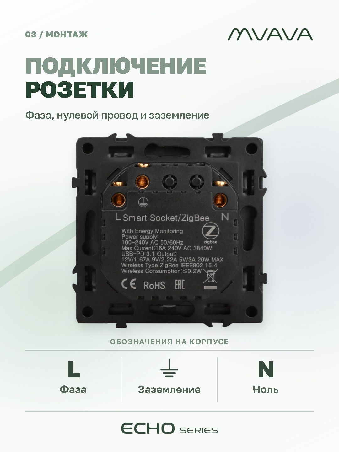 Купить Розетка с USB Type-C MVAVA Echo, USB-A, 20W, ZigBee, с Алисой, 16А, белая в интернет-магазине Mvava.ru