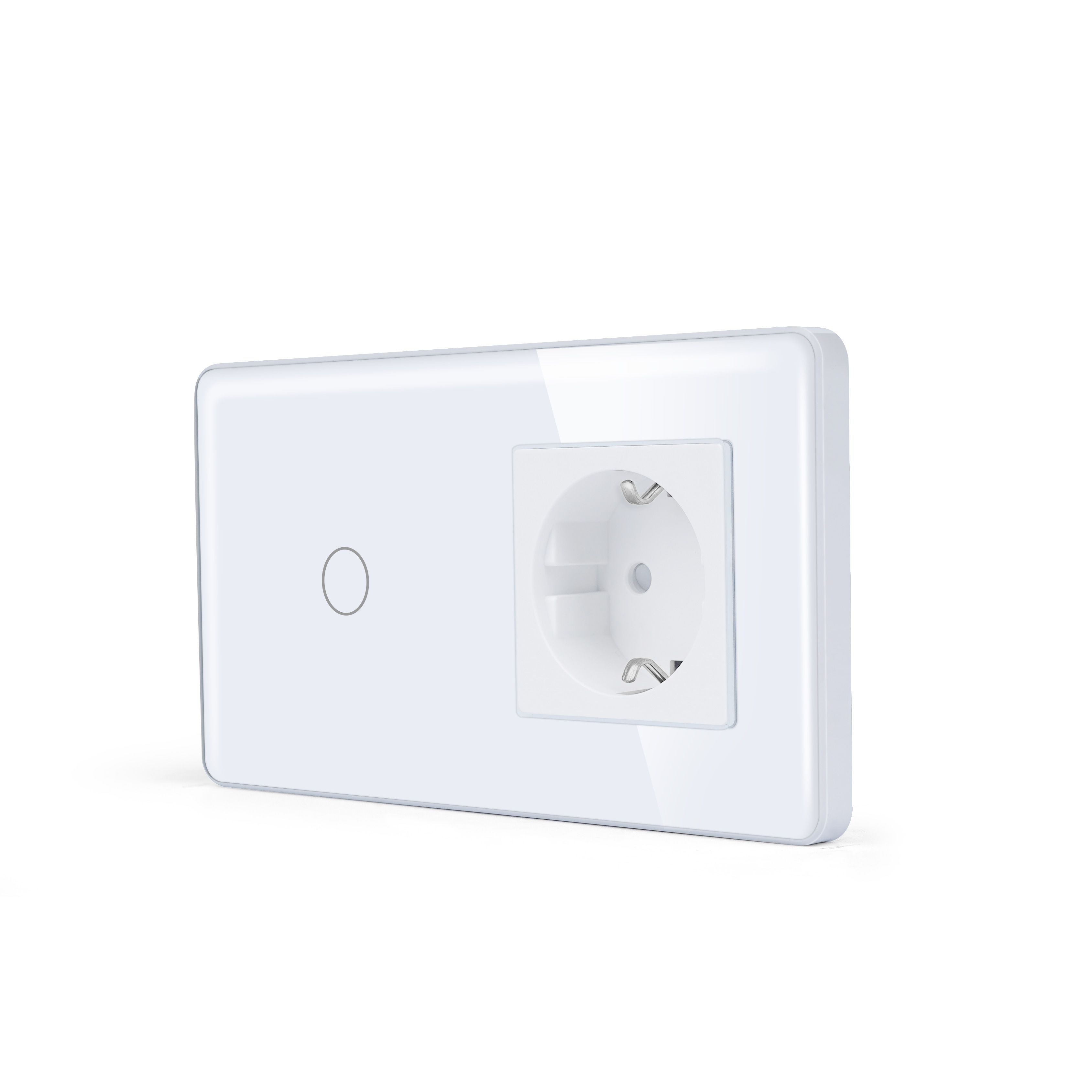 Купить Сенсорный выключатель с розеткой 1кл. 1 розетка, 2 поста (1G+1EU) стекло 2.5D 157х86мм цвет белый в интернет-магазине Mvava.ru