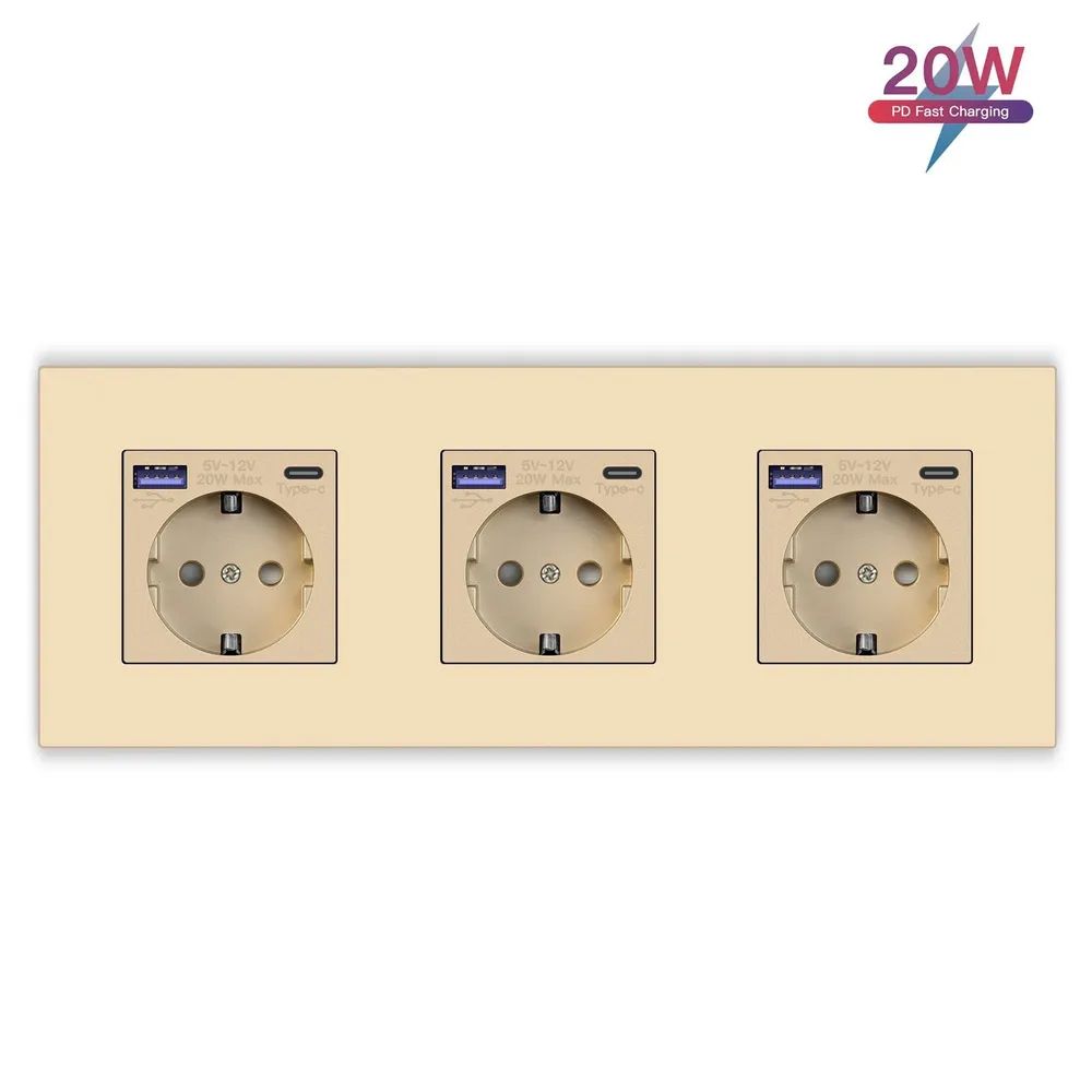 Купить Розетка электрическая 3 поста с Usb/Type-C АC, быстрая зарядка 20W, рамка пластик цвет золотой в интернет-магазине Mvava.ru