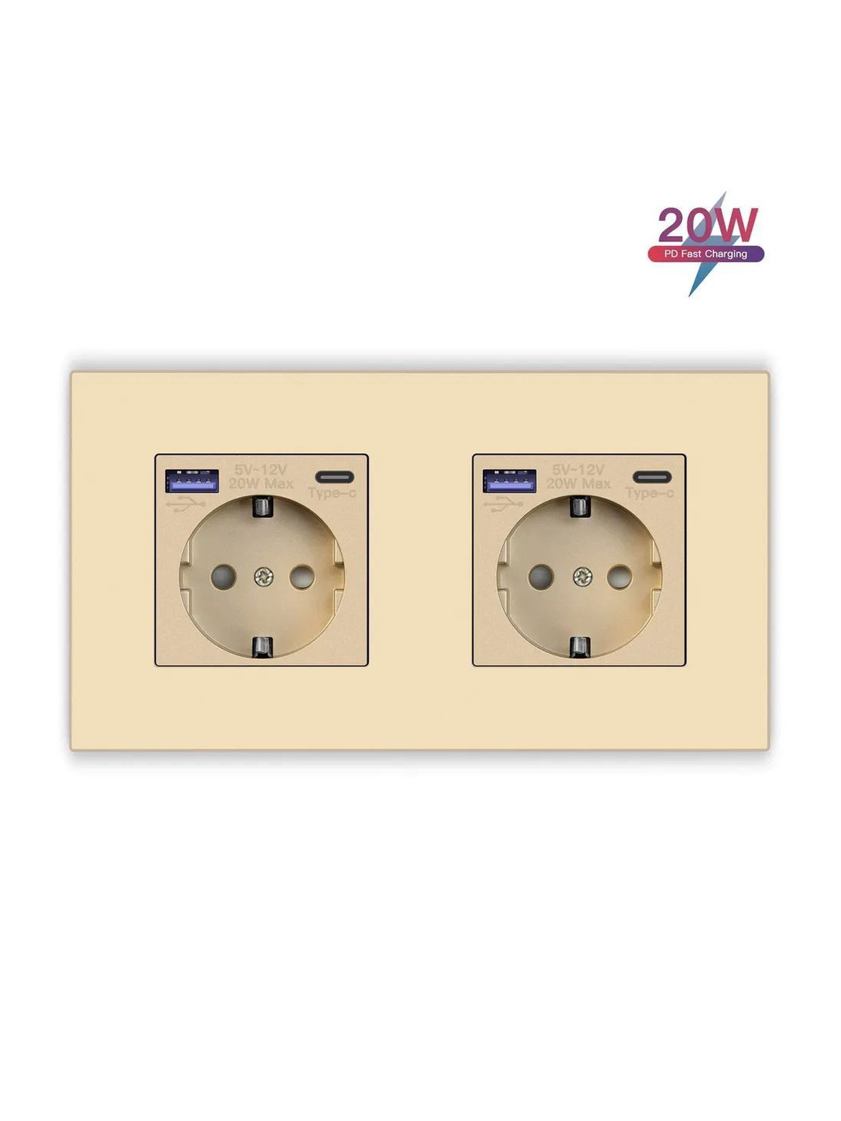 Купить Розетка электрическая 2 поста с Usb/Type-C АC, быстрая зарядка 20W, рамка пластик, цвет золото в интернет-магазине Mvava.ru