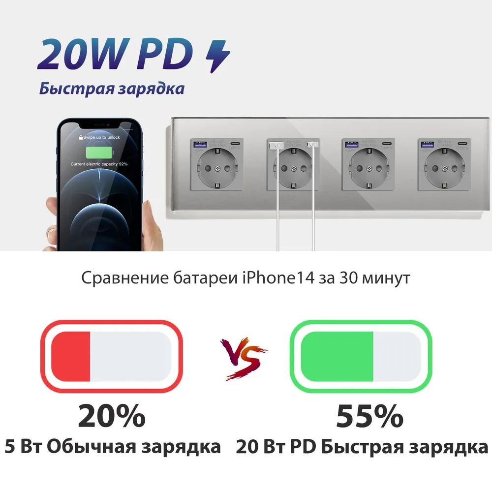 Купить Розетка электрическая 4 поста АC, быстрая зарядка 20W, стекло 299х86 мм, цвет серый в интернет-магазине Mvava.ru
