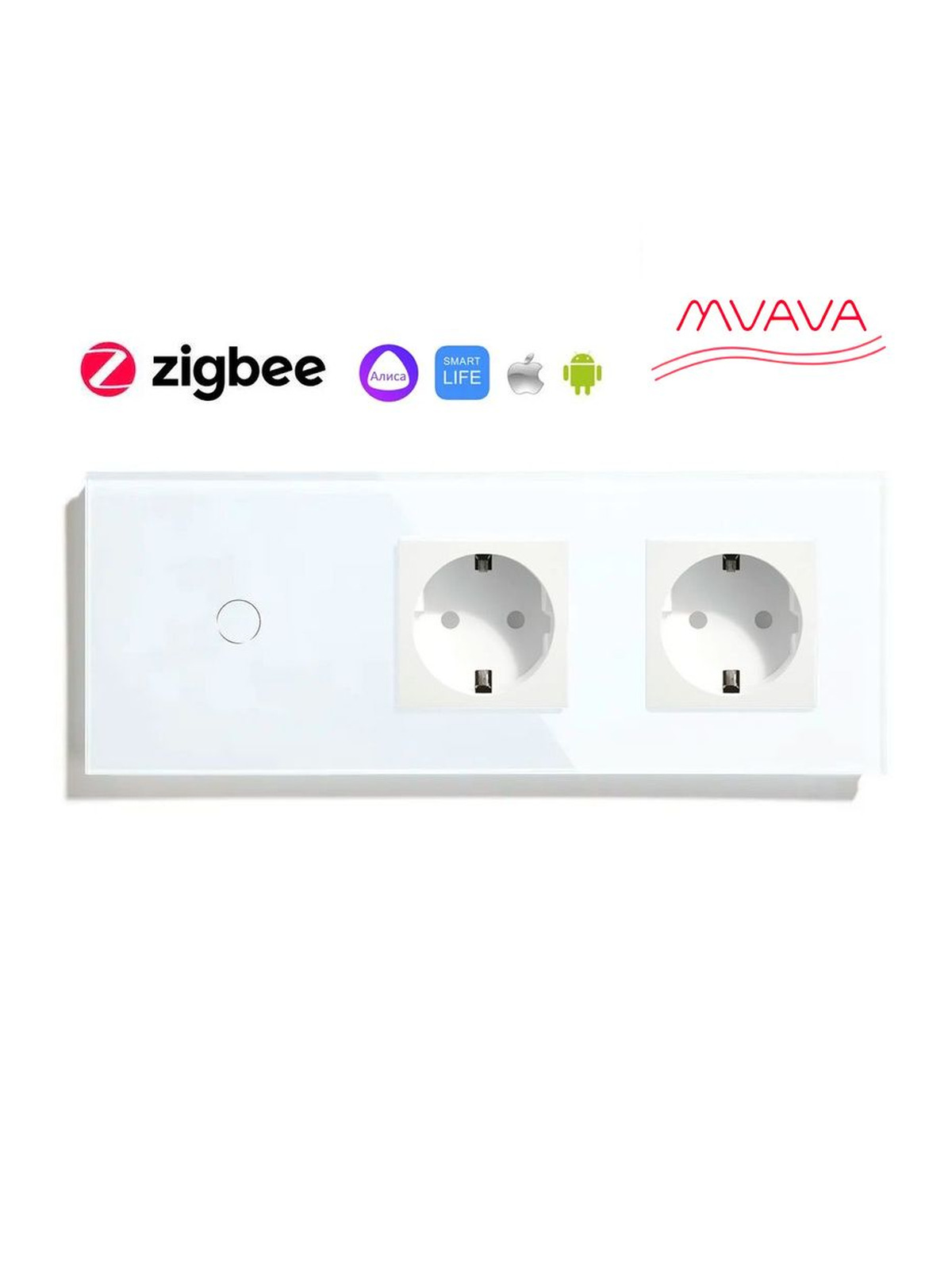 Купить Сенсорный выключатель ZigBee MVAVA 1кл. 2 розетки, 3 поста (1G+2EU) стекло 228х86мм цвет белый в интернет-магазине Mvava.ru