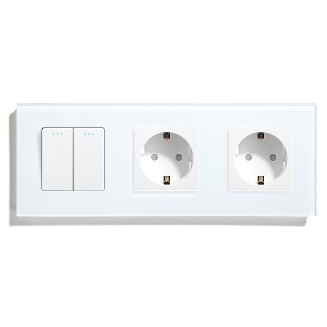 Купить Выключатель с розеткой, 2 клавиши 2 розетки, 3 поста (M2+2F) рамка стекло 228х86мм цвет белый в интернет-магазине Mvava.ru
