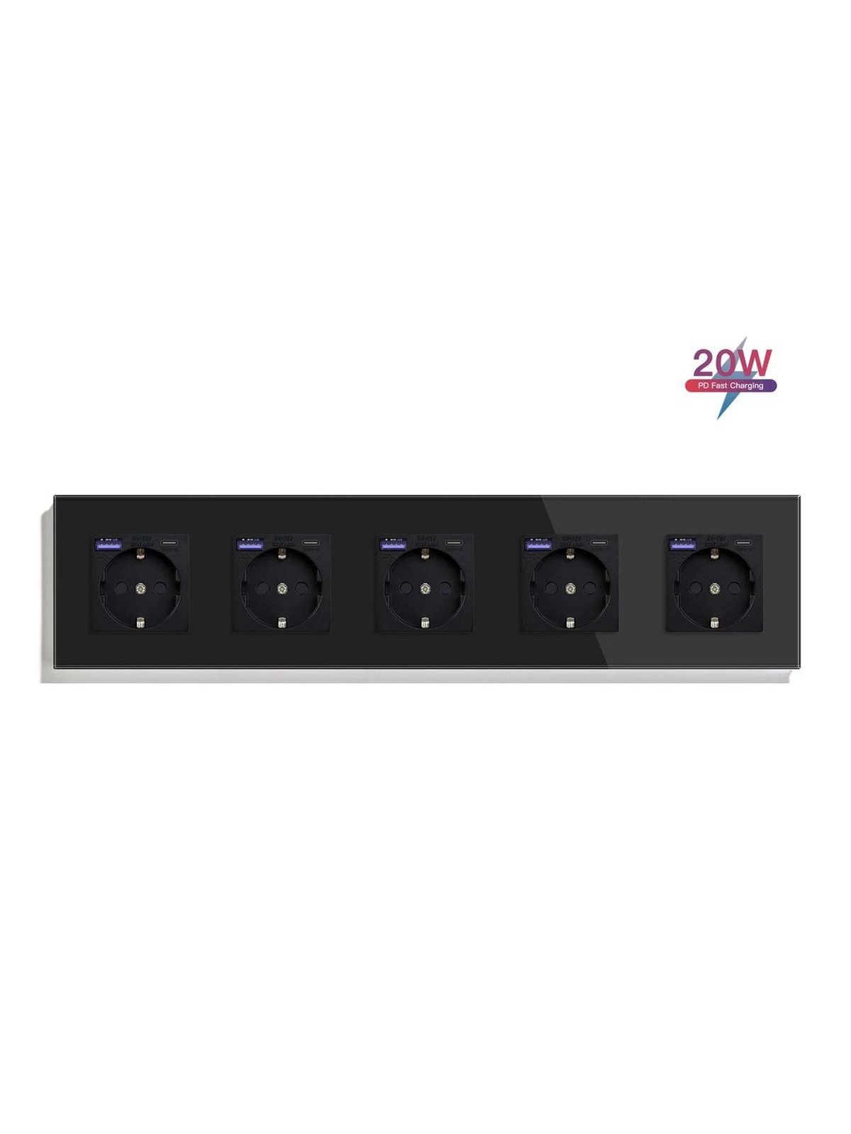 Купить Розетка электрическая 5 постов АC, быстрая зарядка 20W, стекло 370х86 мм, цвет черный в интернет-магазине Mvava.ru