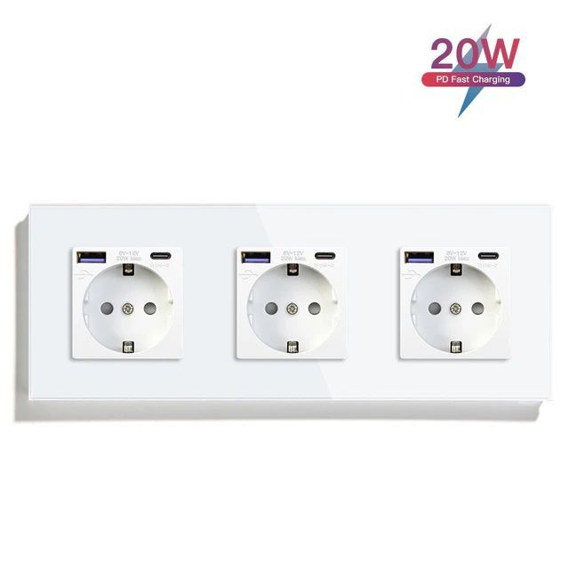 Купить Розетка электрическая 3 поста АC, быстрая зарядка 20W, стекло 228х86 мм, цвет белый в интернет-магазине Mvava.ru
