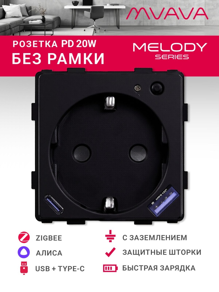 Купить Механизм розетки ZigBee с Usb/Type-C АC быстрая зарядка 20Вт, (без рамки) цвет черный в интернет-магазине Mvava.ru