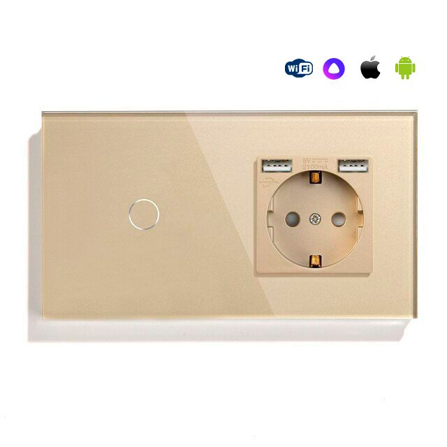 Купить Сенсорный выключатель WiFi 1 клавиша 1 розетка 2 поста (1G+1AA) стекло 157х86мм цвет золотой в интернет-магазине Mvava.ru