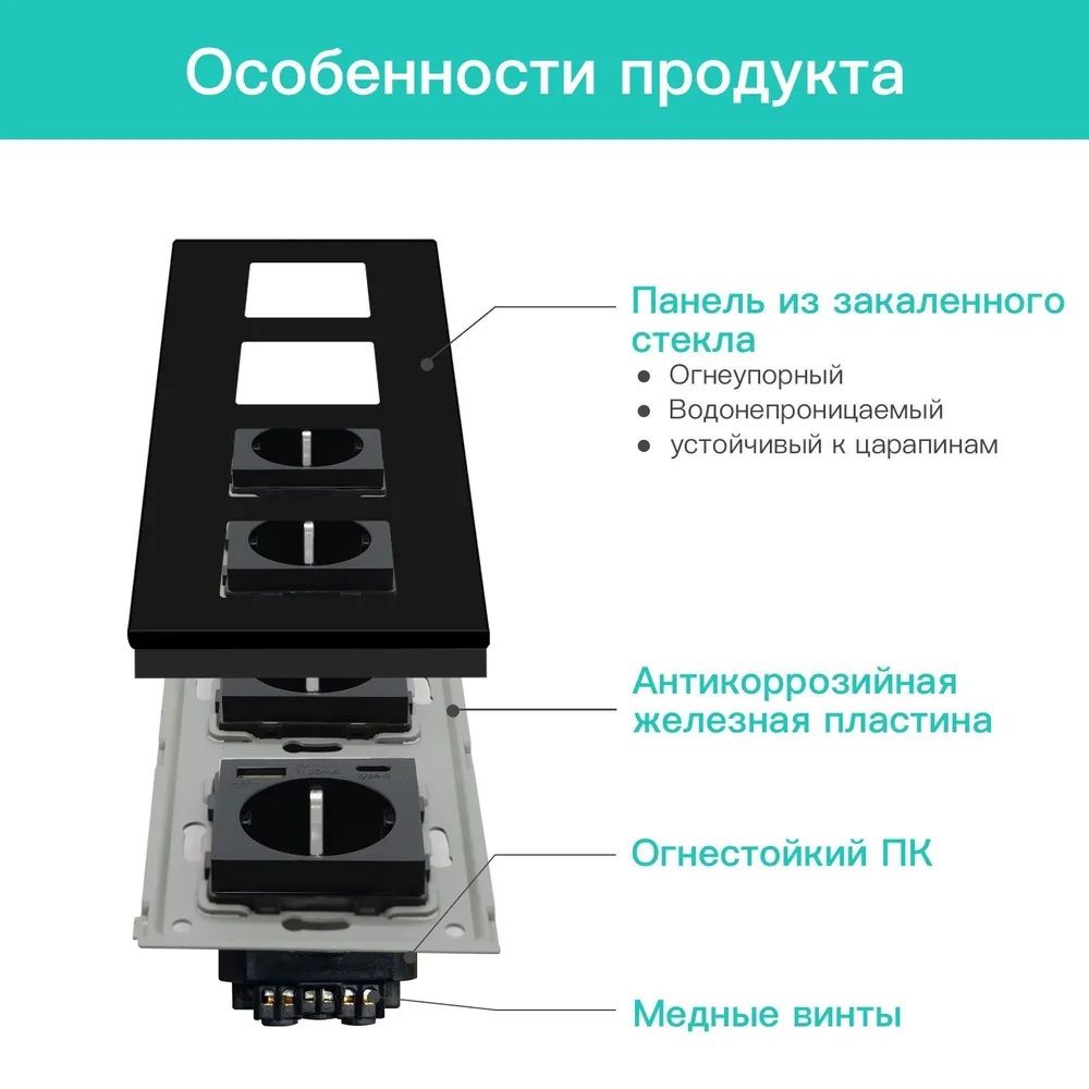 Купить Розетка электрическая 4 поста АC, зарядка 10W, стекло 299х86 мм, цвет черный в интернет-магазине Mvava.ru