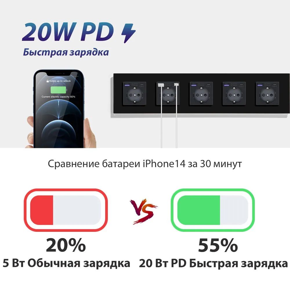 Купить Розетка электрическая 5 постов АC, быстрая зарядка 20W, стекло 370х86 мм, цвет черный в интернет-магазине Mvava.ru