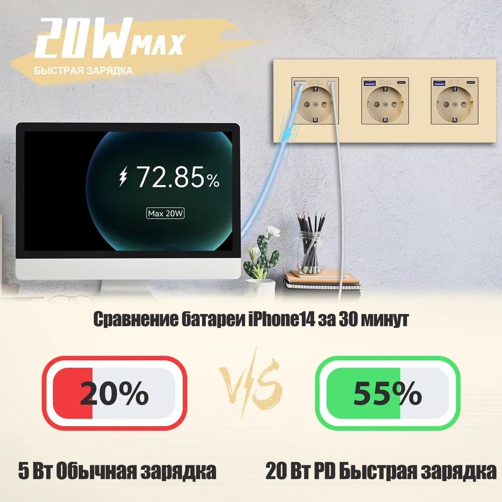 Купить Розетка электрическая 3 поста с Usb/Type-C АC, быстрая зарядка 20W, рамка пластик цвет золотой в интернет-магазине Mvava.ru