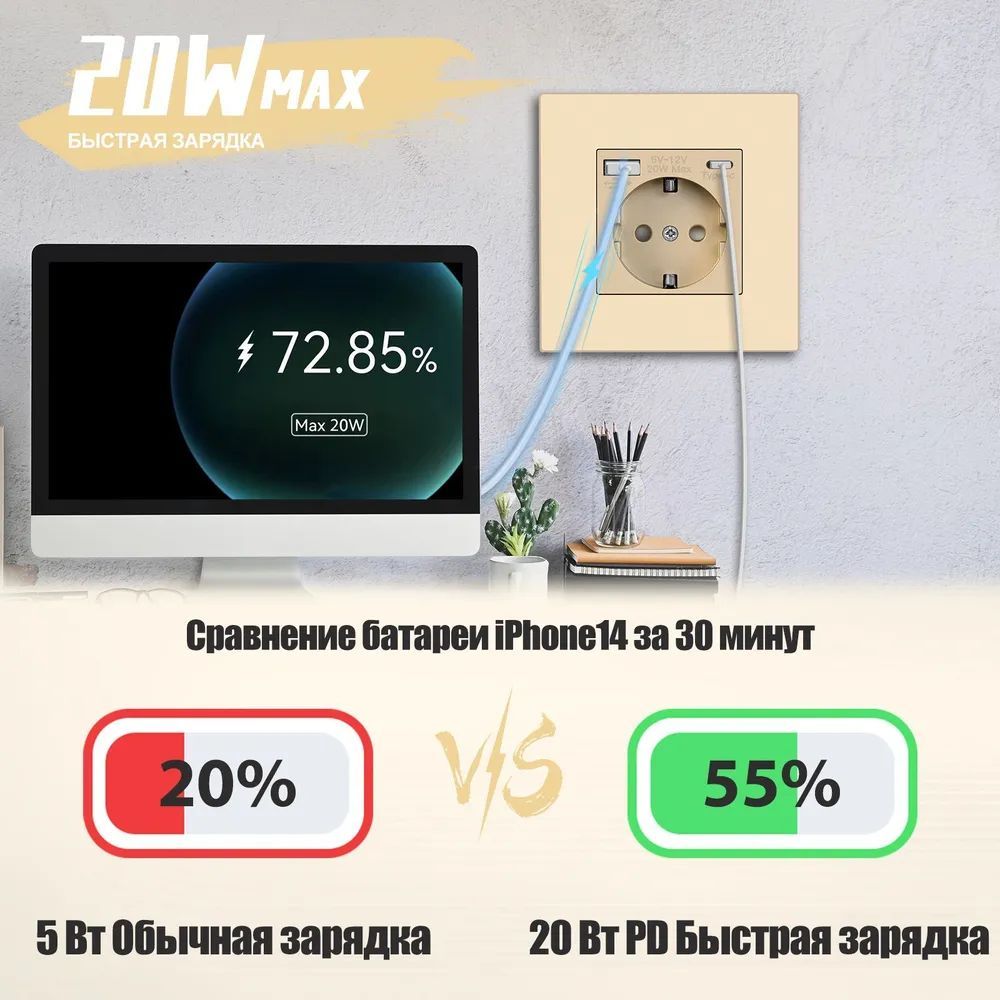 Купить Розетка электрическая 1 пост с Usb/Type-C АC, быстрая зарядка 20W, рамка пластик, цвет золото в интернет-магазине Mvava.ru