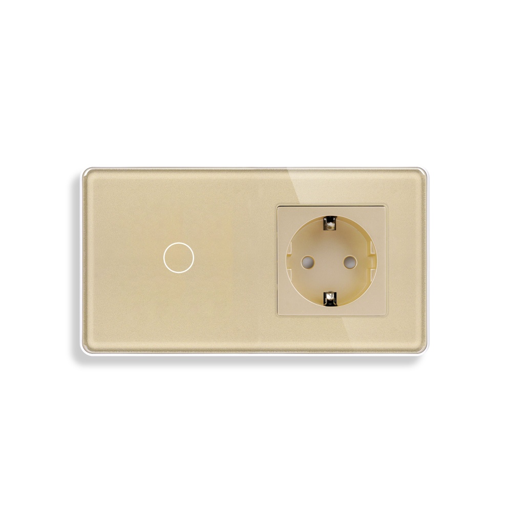 Купить Сенсорный выключатель с розеткой 1кл. 1 розетка, 2 поста (1G+1EU) стекло 2.5D 157х86мм цвет золотой в интернет-магазине Mvava.ru