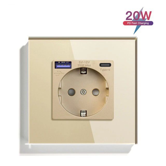 Купить Розетка электрическая 1 пост с Usb/Type-C АC, быстрая зарядка 20W, цвет золотой в интернет-магазине Mvava.ru