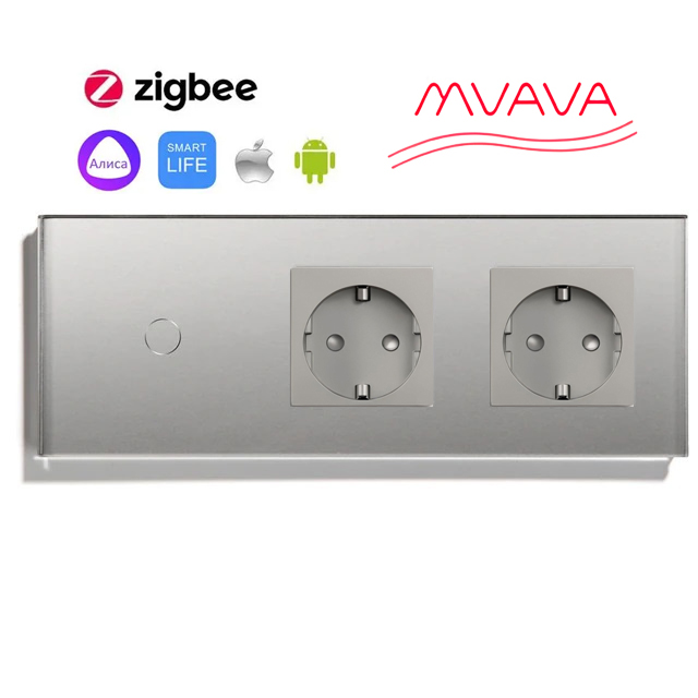 Купить Сенсорный выключатель ZigBee MVAVA 1кл. 2 розетки, 3 поста (1G+2EU) стекло 228х86мм цвет серый в интернет-магазине Mvava.ru