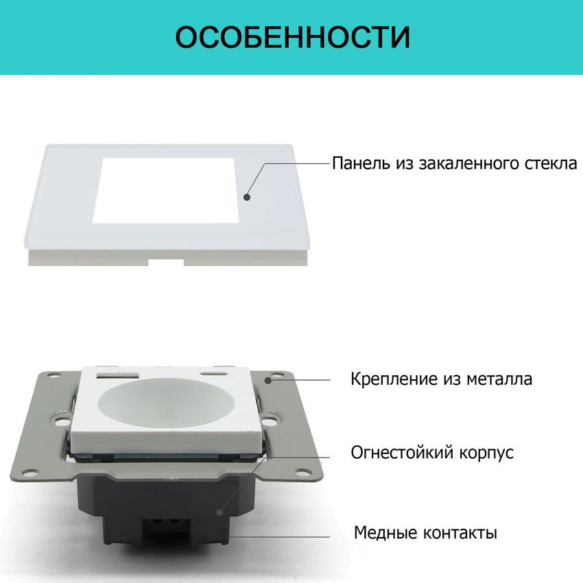 Купить Розетка электрическая 1 пост СC, быстрая зарядка 20W, стекло 86х86 мм, цвет белый в интернет-магазине Mvava.ru